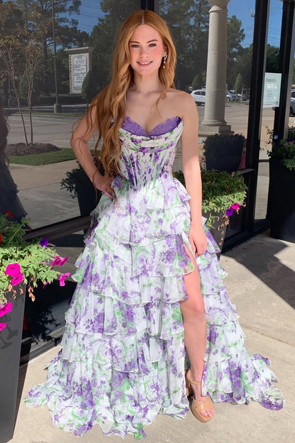 Cute A Line Sweetheart Pink Floral Chiffon Tiered Prom Dress
