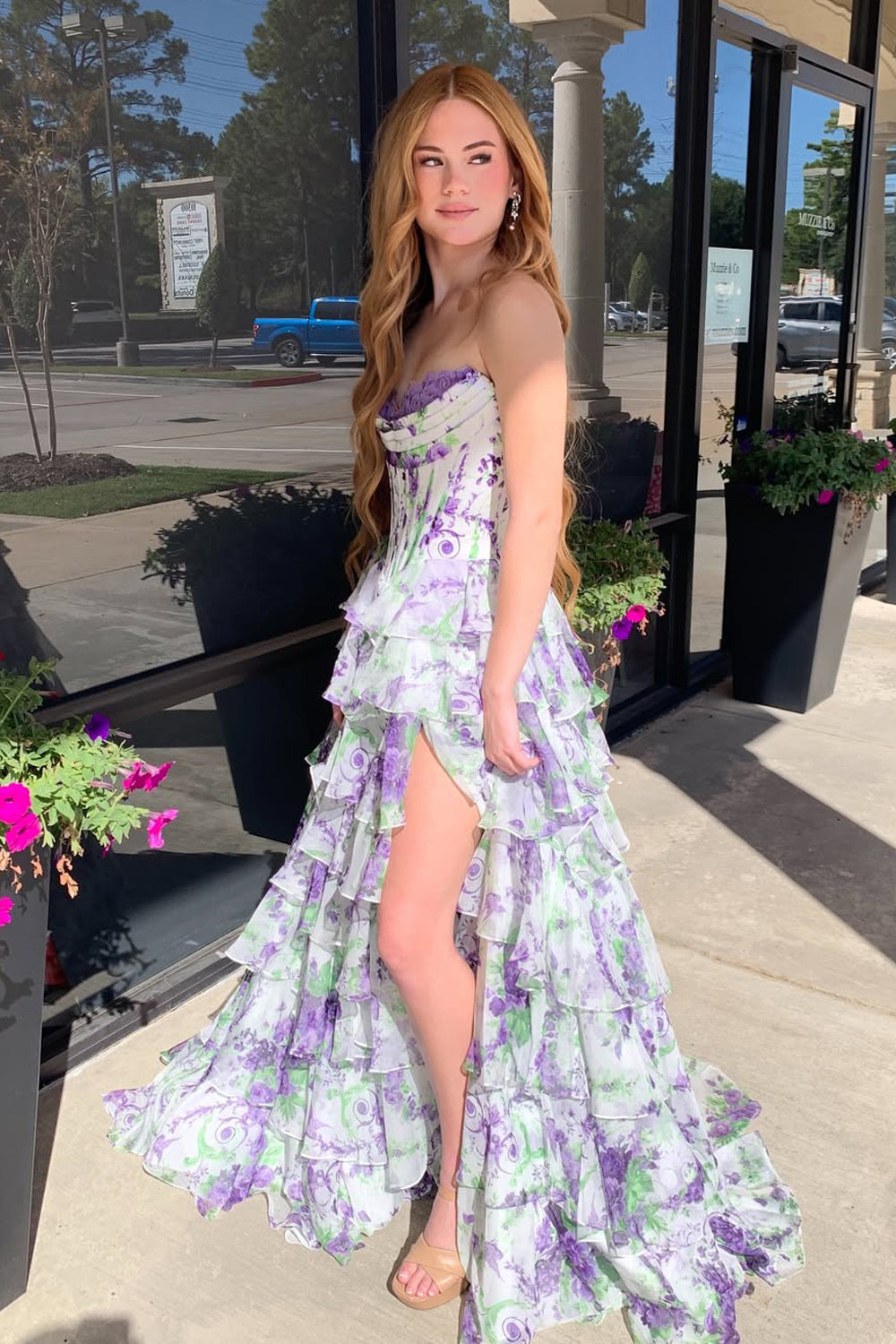 Cute A Line Sweetheart Pink Floral Chiffon Tiered Prom Dress