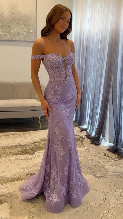 Off The Shoulder Mermaid Prom Dresses Lace Appliques Evening Party Dress,AST2290
