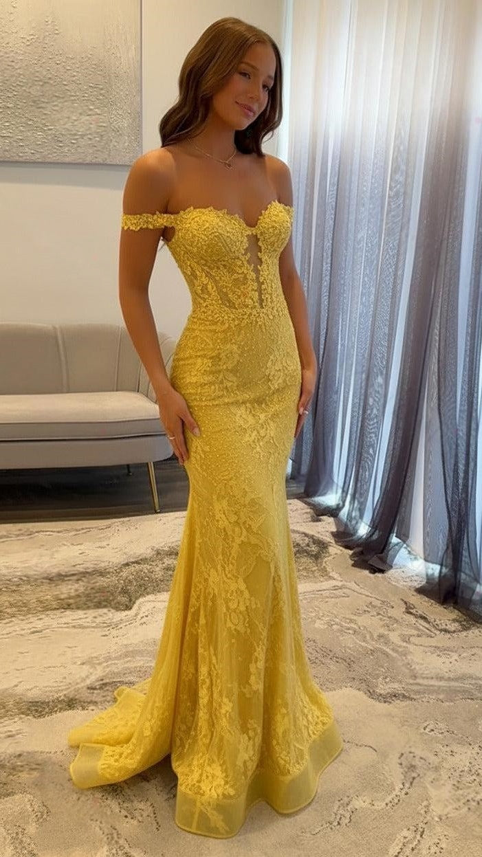 Off The Shoulder Mermaid Prom Dresses Lace Appliques Evening Party Dress,AST2290