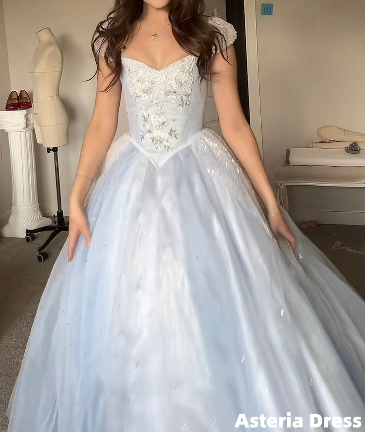 Light Blue A-Line Floral Long Prom Dresses