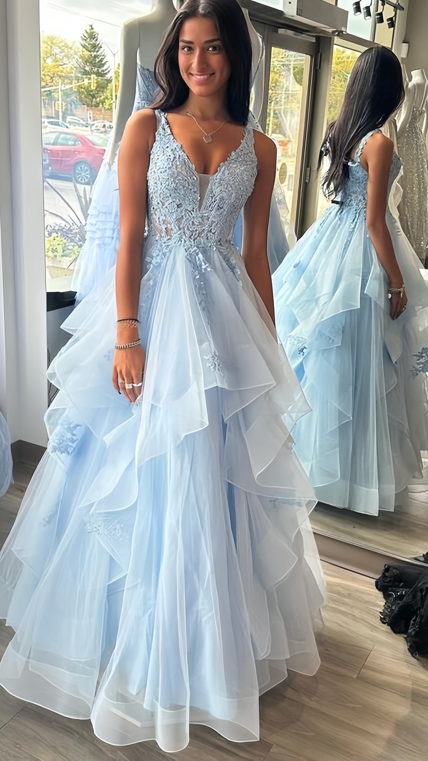 Light Blue Applique Senior Prom Dress, V-neck Formal Dresses, AST1597