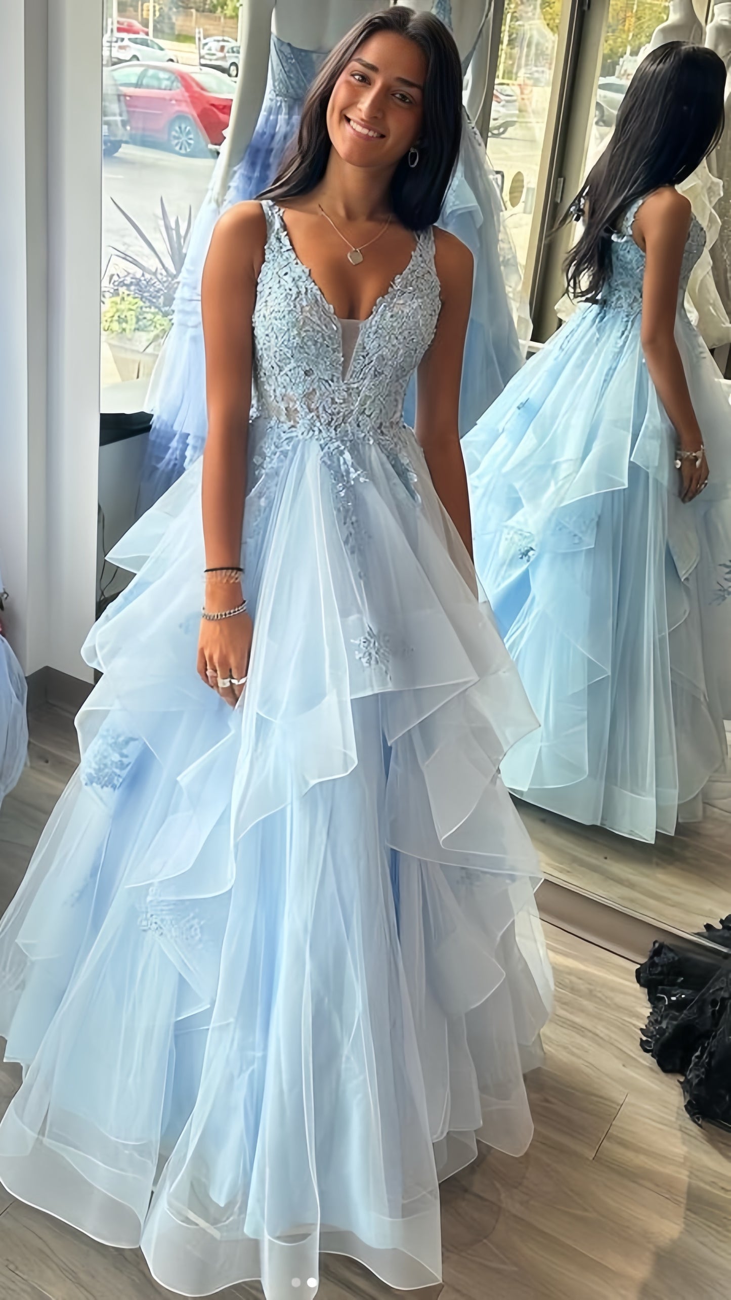 Light Blue Applique Senior Prom Dress, V-neck Formal Dresses, AST1597