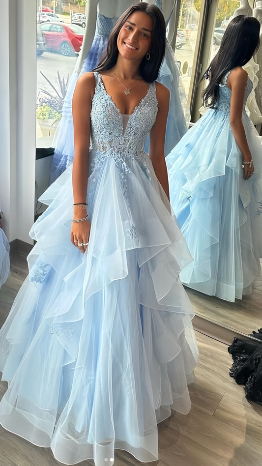 Light Blue Applique Senior Prom Dress, V-neck Formal Dresses, AST1597