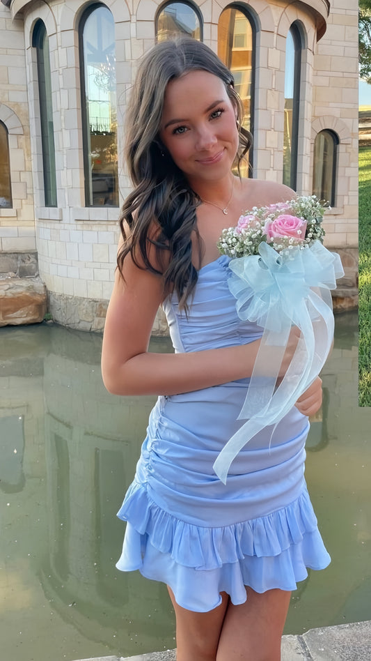 Light Blue Homecoming Dresses Strapless Homecoming Dress Pleated Mini Party Dresses,AST1992