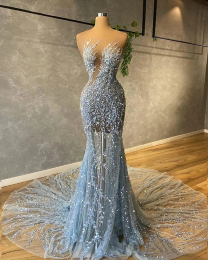 Light Blue Mermaid Sequin Party Dresses Sexy Prom Dress,AST2287