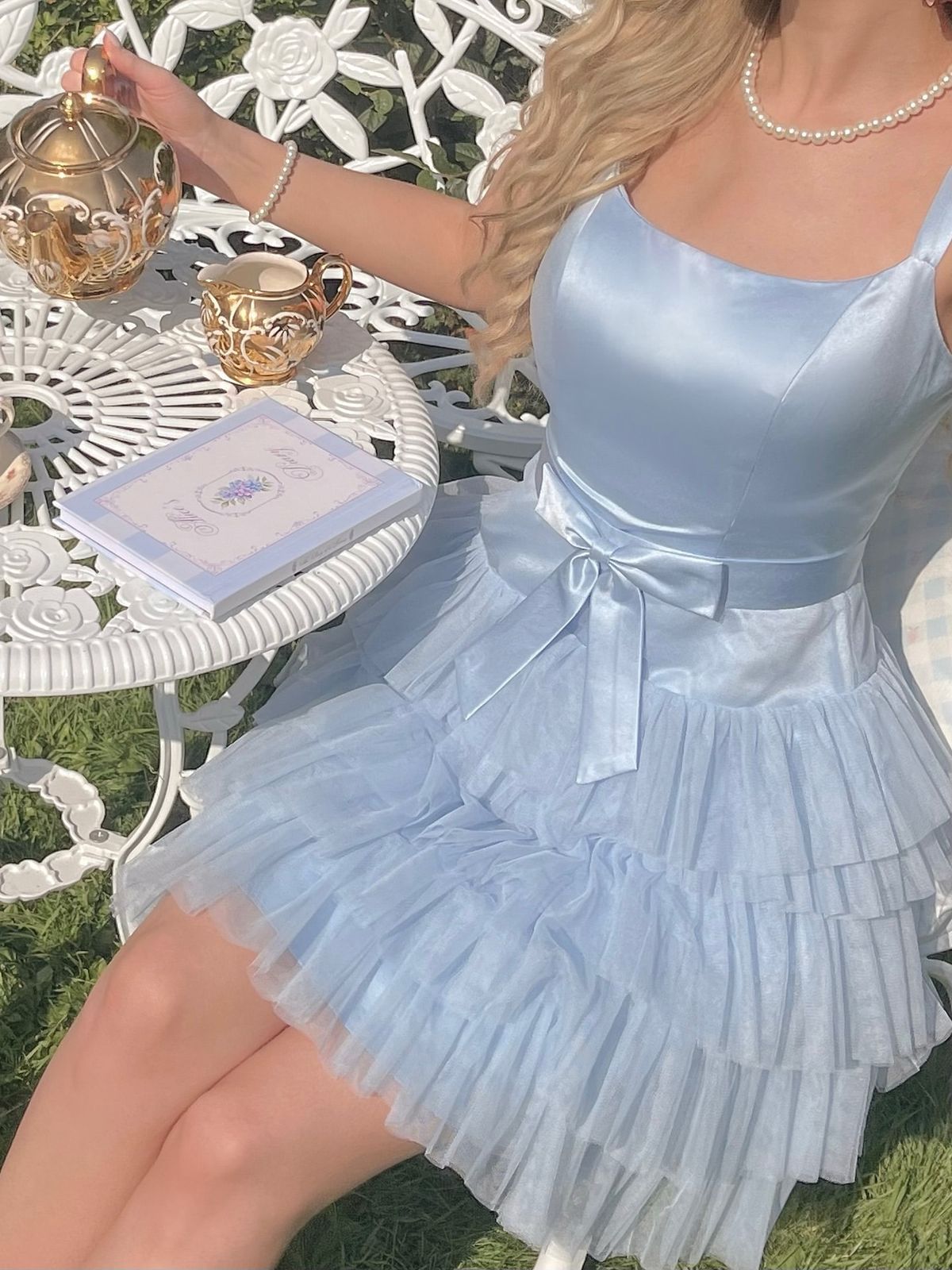Light Blue Satin Tulle Homecoming Dresses Ruffle Hoco Dress, AST2027