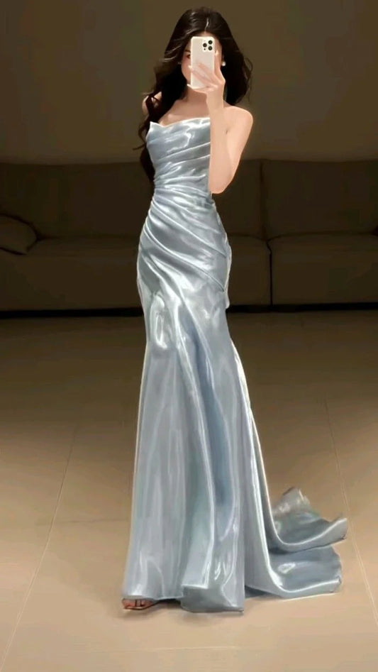 Light Blue Strapless Pleated Prom Dresses Evening Formal Gown,AST2182
