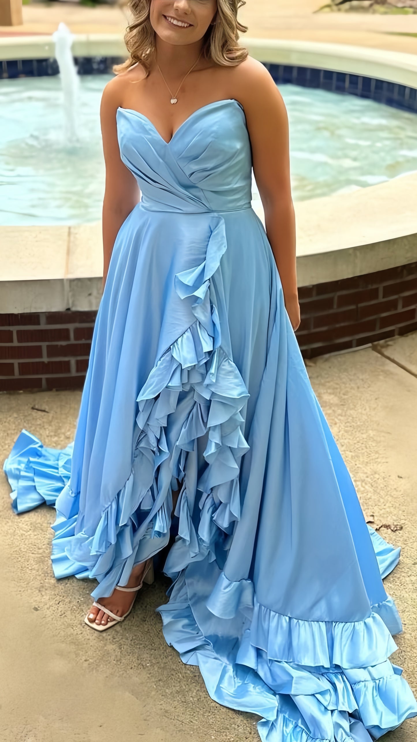 Light Blue Sweetheart Ruffle Prom Dresses With Split, AST1563