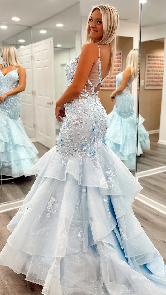 Light Blue Tiered Ruffle Senior Prom Dresses Classy Elegant Mermaid Dress, AST1591