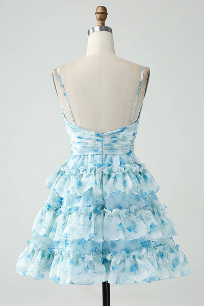 Light Blue White Floral Chiffon Homecoming Dresses Spaghetti Straps A-line Party Gown, AST1349