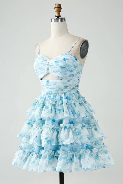 Light Blue White Floral Chiffon Homecoming Dresses Spaghetti Straps A-line Party Gown, AST1349