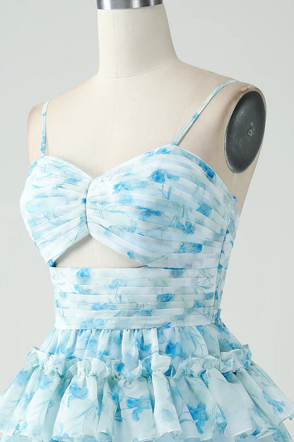 Light Blue White Floral Chiffon Homecoming Dresses Spaghetti Straps A-line Party Gown, AST1349