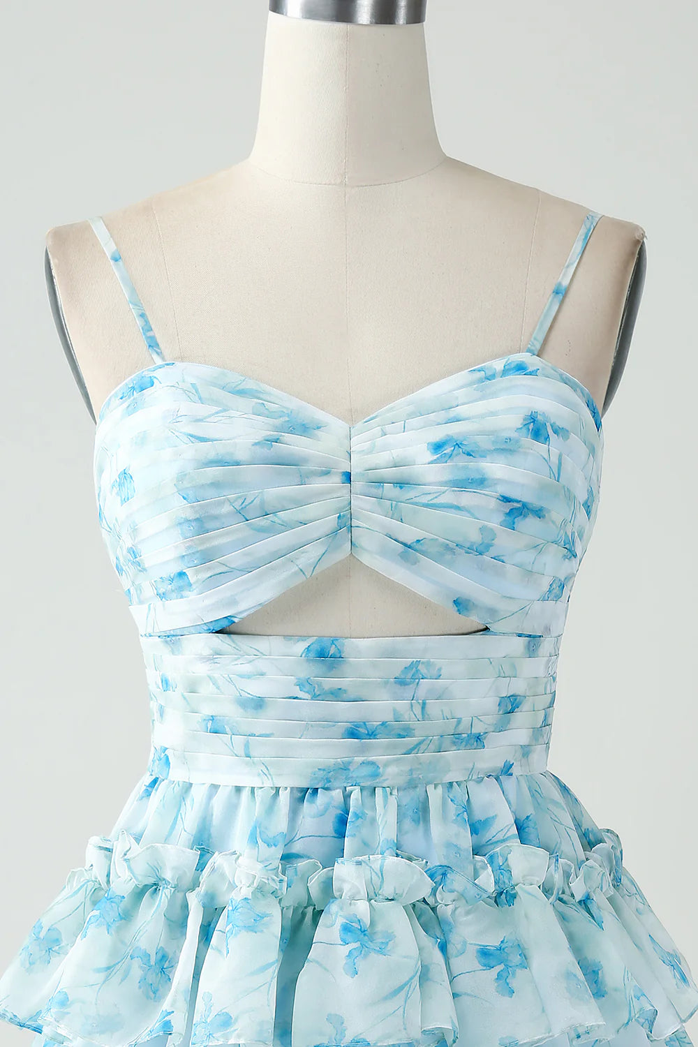 Light Blue White Floral Chiffon Homecoming Dresses Spaghetti Straps A-line Party Gown, AST1349