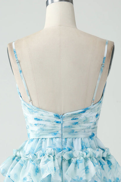 Light Blue White Floral Chiffon Homecoming Dresses Spaghetti Straps A-line Party Gown, AST1349