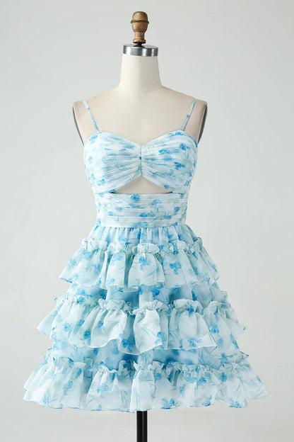 Light Blue White Floral Chiffon Homecoming Dresses Spaghetti Straps A-line Party Gown, AST1349