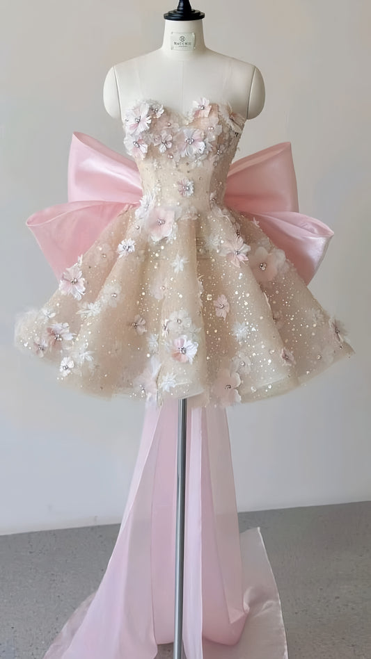 Light Champagne 3D Flowers Homecoming Dresses Sequin Tulle Party Dress With Bowknot,AST1980
