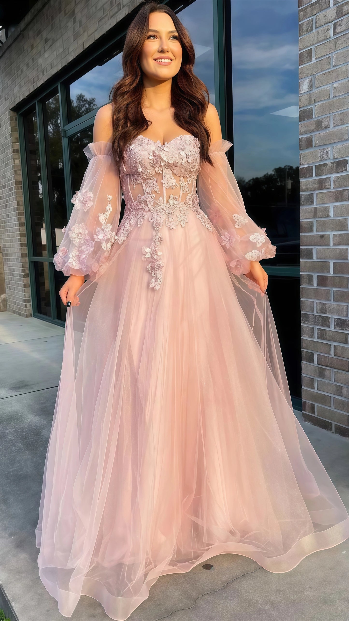 Light Pink A-Line Prom Dresses, Appliques Party Dress With Bubble Sleeves,AST1634