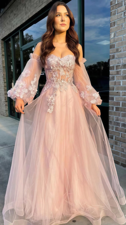 Light Pink A-Line Prom Dresses, Appliques Party Dress With Bubble Sleeves,AST1634