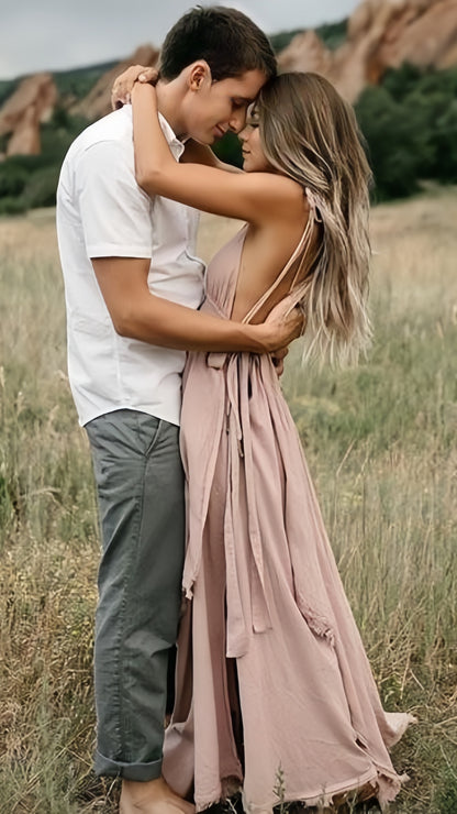 Light Pink Deep V-neck Long Prom Dresses Sexy Party Casual Dress,AST2155