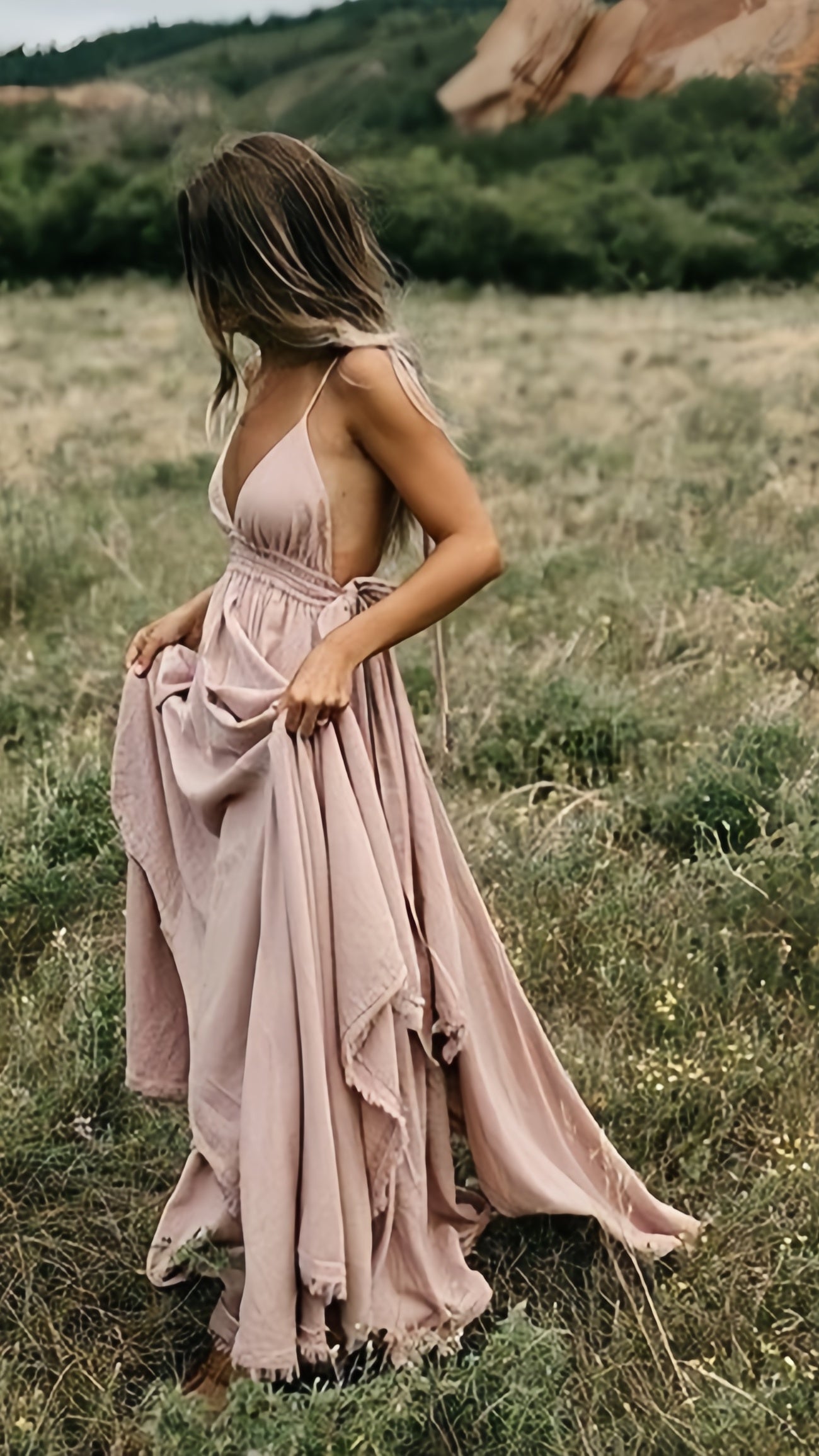 Light Pink Deep V-neck Long Prom Dresses Sexy Party Casual Dress,AST2155