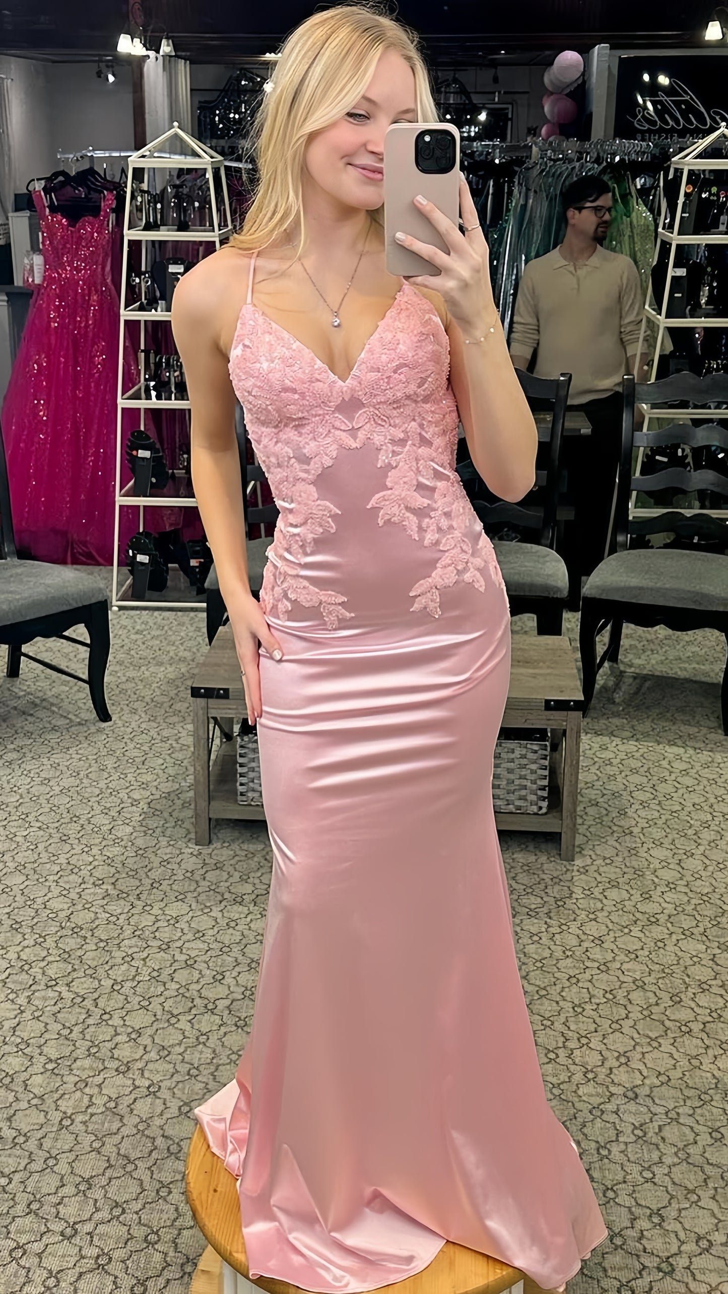 Light Pink Mermaid Open Back Long Prom Dress With Appliques, AST1492