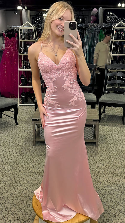 Light Pink Mermaid Open Back Long Prom Dress With Appliques, AST1492