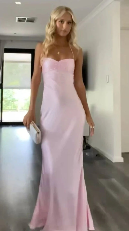 Light Pink Sheath Long Prom Dresses Spaghetti Straps Full Length Evening Formal Dress,AST2250