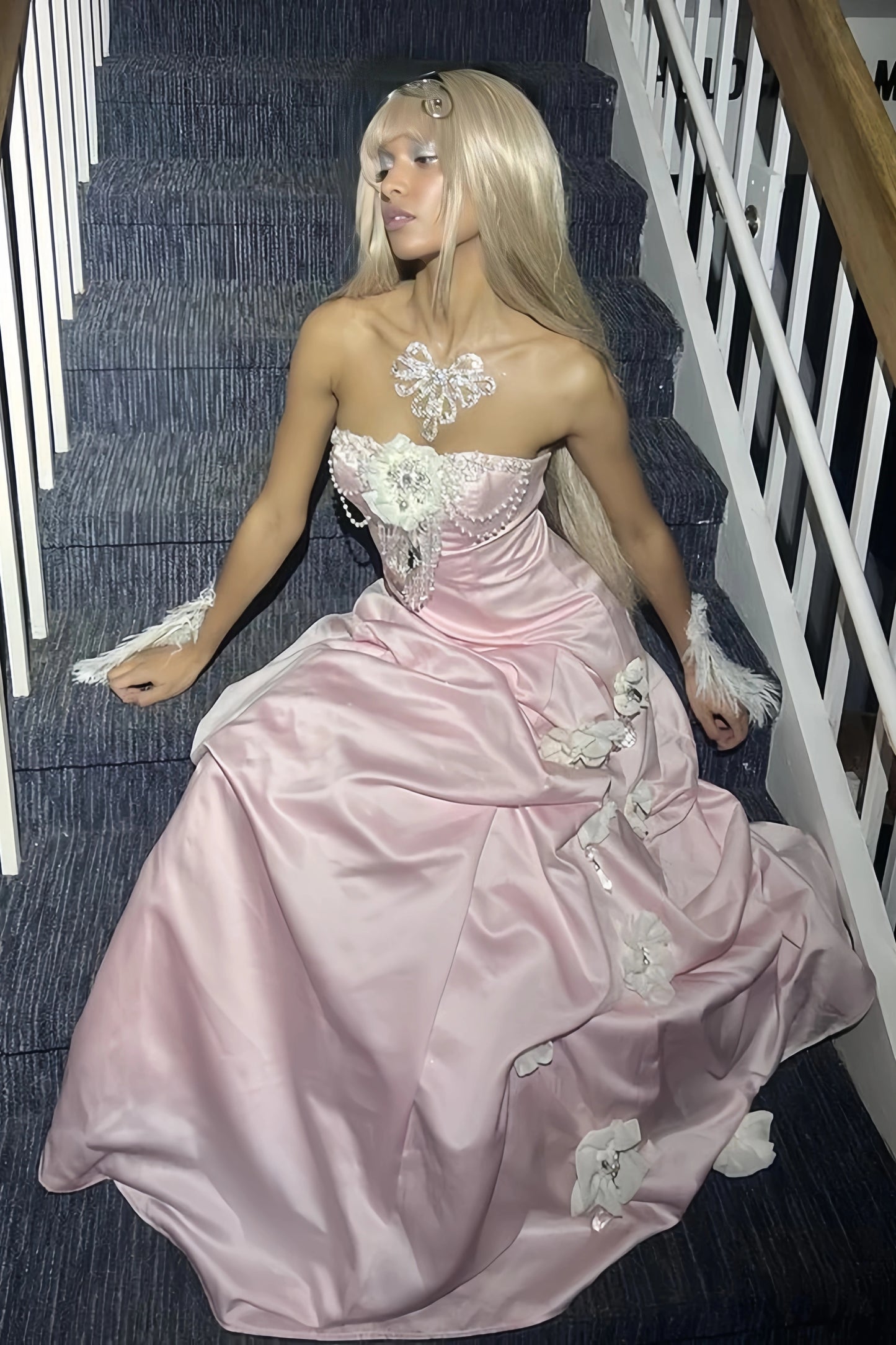 Light Pink Strapless Prom Dresses Pearl Floral Evening Party Dress,AST2230