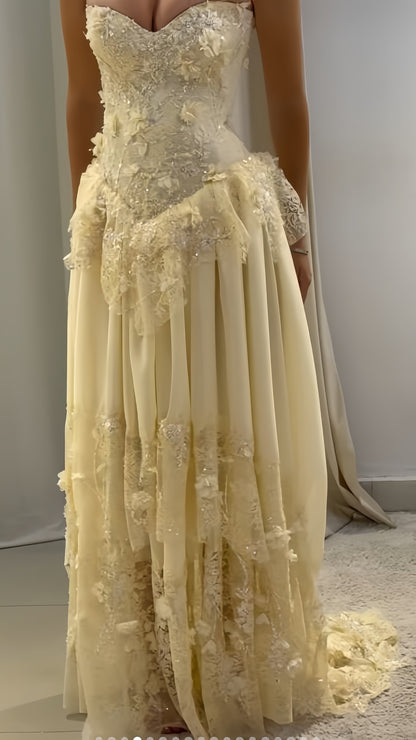 Light Yellow Floral Prom Dresses Lace Chiffon Evening Formal Gown,AST2240