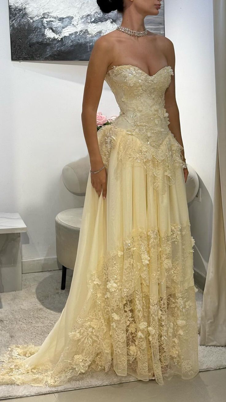 Light Yellow Floral Prom Dresses Lace Chiffon Evening Formal Gown,AST2240