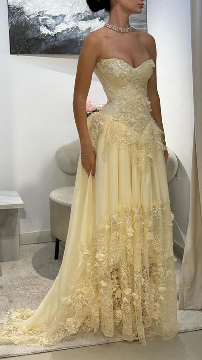 Light Yellow Floral Prom Dresses Lace Chiffon Evening Formal Gown,AST2240