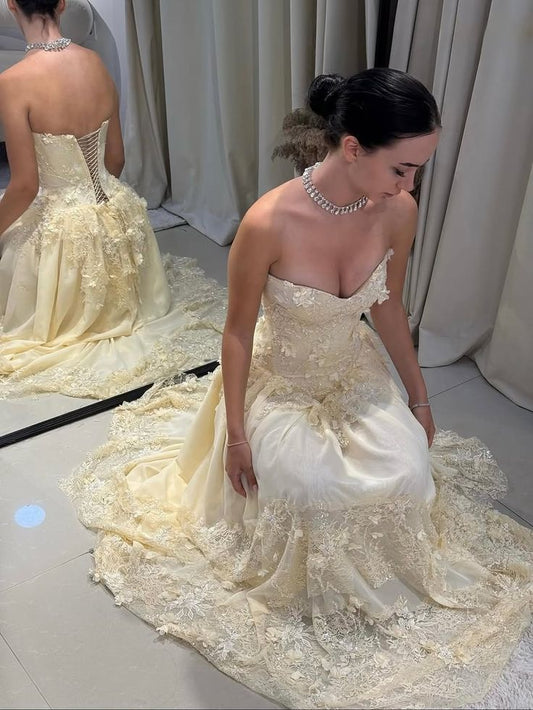 Light Yellow Floral Prom Dresses Lace Chiffon Evening Formal Gown,AST2240