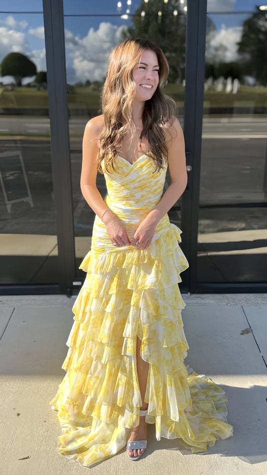 Light Yellow Floral Slit Prom Dresses With Ruffles Skirt, AST1498