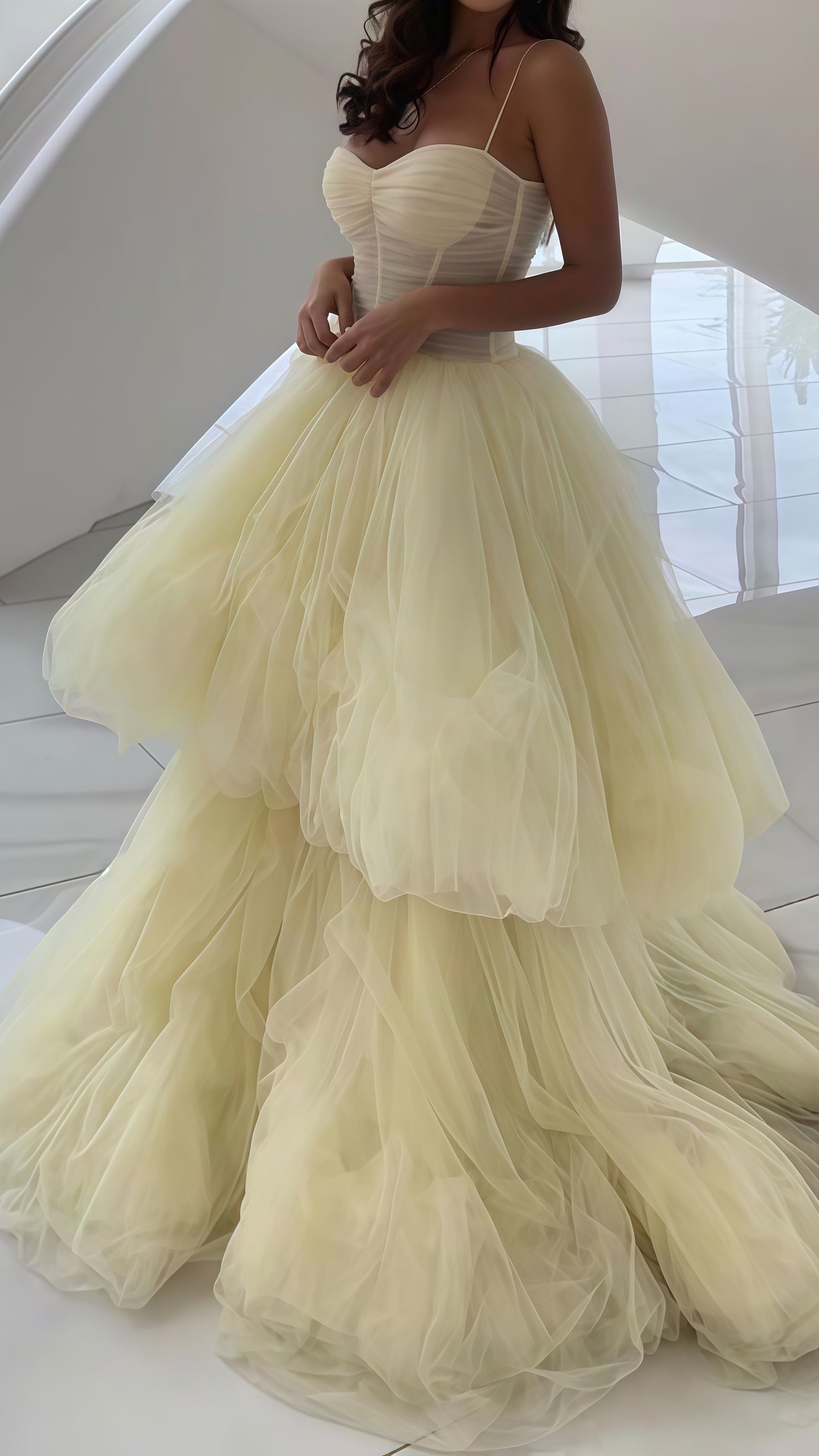 Light Yellow Tulle Prom Dress, Spaghetti Straps Ball Gown,AST1673