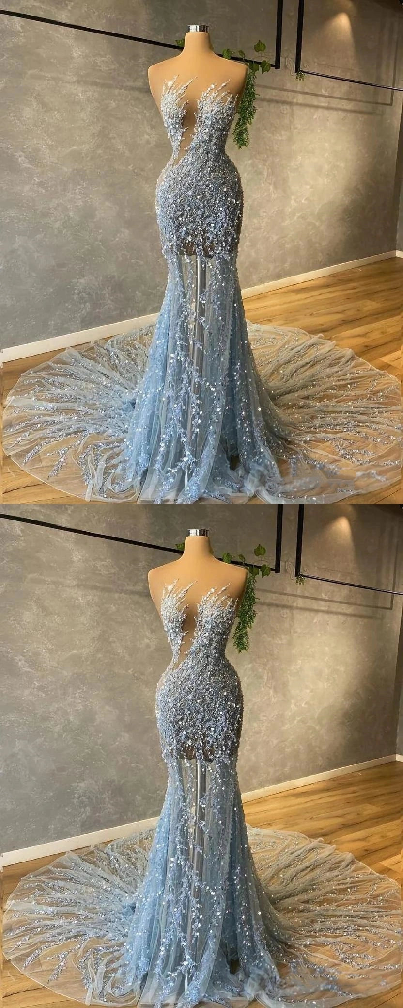 Light Blue Mermaid Sequin Party Dresses Sexy Prom Dress,AST2287