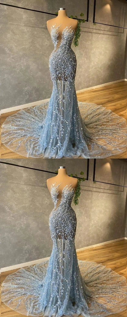 Light Blue Mermaid Sequin Party Dresses Sexy Prom Dress,AST2287
