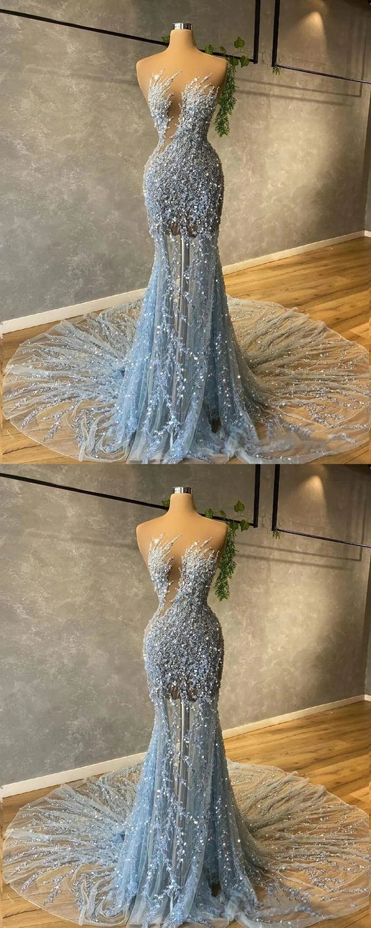 Light Blue Mermaid Sequin Party Dresses Sexy Prom Dress,AST2287