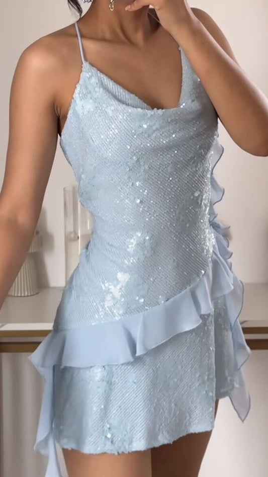 Light Blue Sequin Ruffle Homecoming Dresses Short Graduation Dress,AST1832
