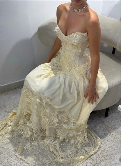 Light Yellow Floral Prom Dresses Lace Chiffon Evening Formal Gown,AST2240