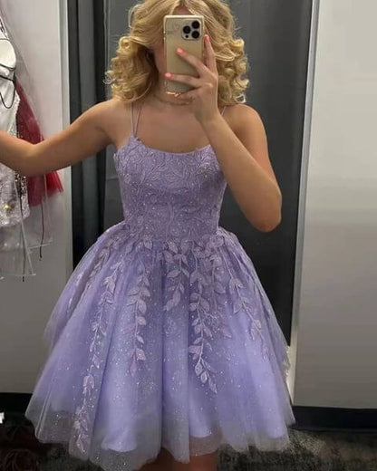 Lilac Appliques Tulle Mini Homecoming Dress, AST1016