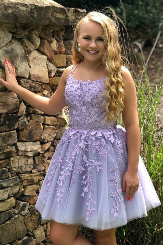 Lilac Appliques Tulle Mini Homecoming Dress, AST1016