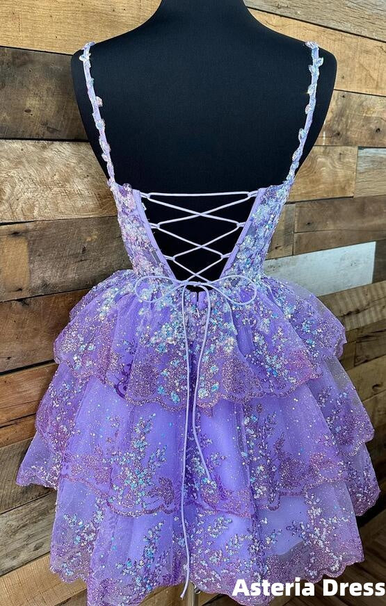 Lilac Homecoming Dress Appliques Lace Tiered Mini Hoco Dresses