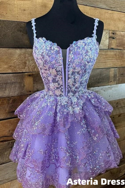 Lilac Homecoming Dress Appliques Lace Tiered Mini Hoco Dresses