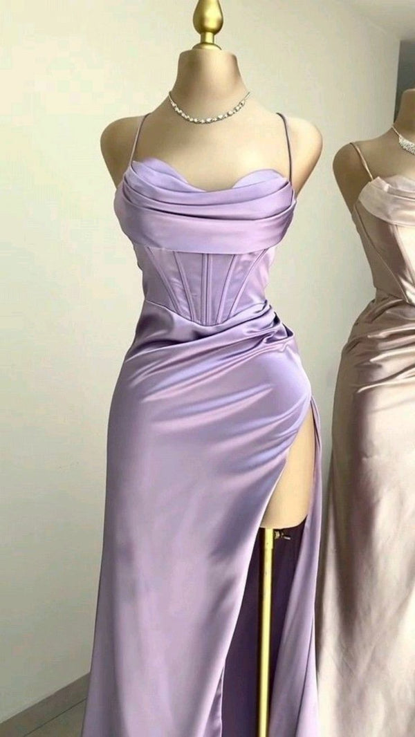 Pink Halter Mermaid Satin Long Prom Dress with Slit