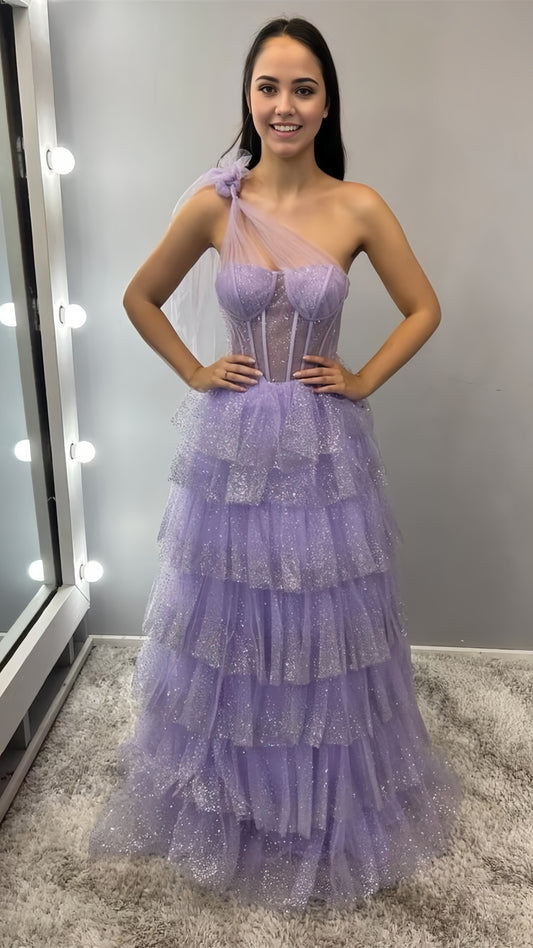 Lilac One Shoulder Ruffle Long Prom Dresses, AST1596