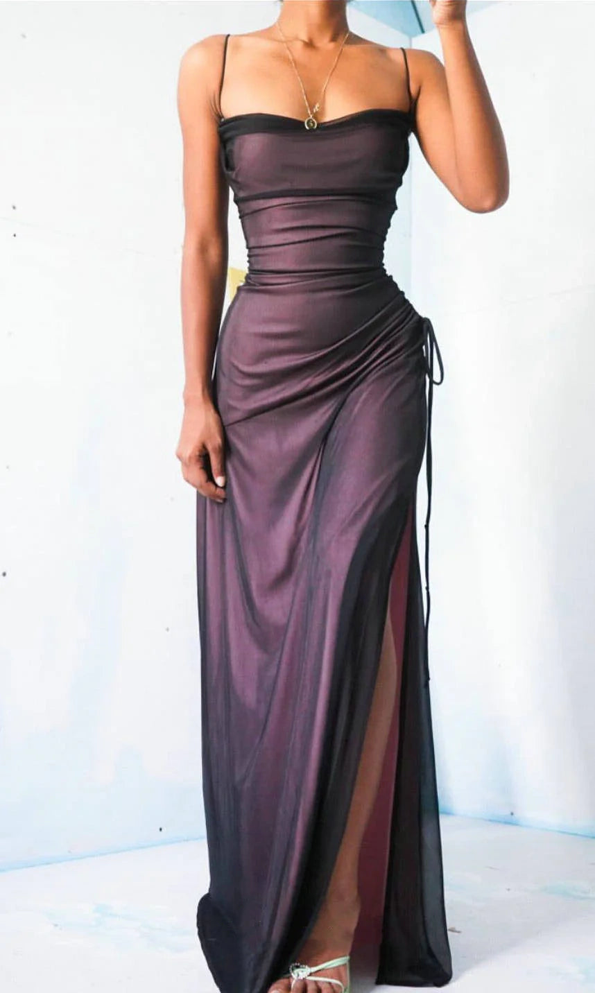 Lilac Satin Black Chiffon Sheath Long Prom Dresses, AST887 – Asteria