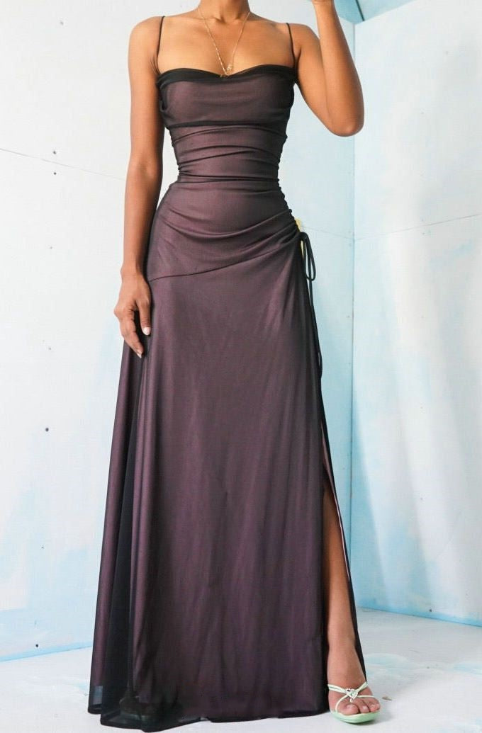 Lilac Satin Black Chiffon Sheath Long Prom Dresses, AST887 – Asteria
