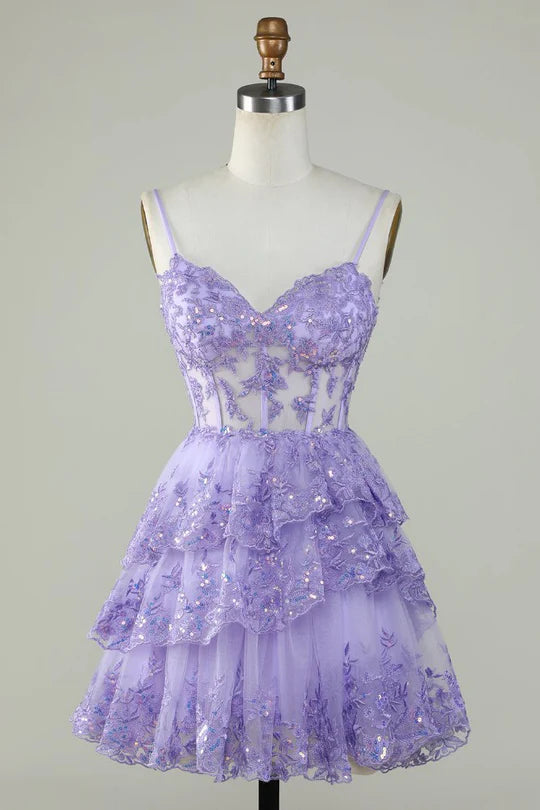 Lilac Spaghetti Straps Lace Mini Homecoming Birthday Dress, AST1034