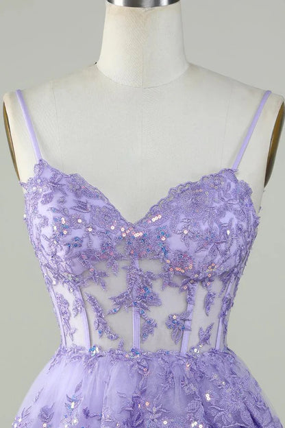 Lilac Spaghetti Straps Lace Mini Homecoming Birthday Dress, AST1034